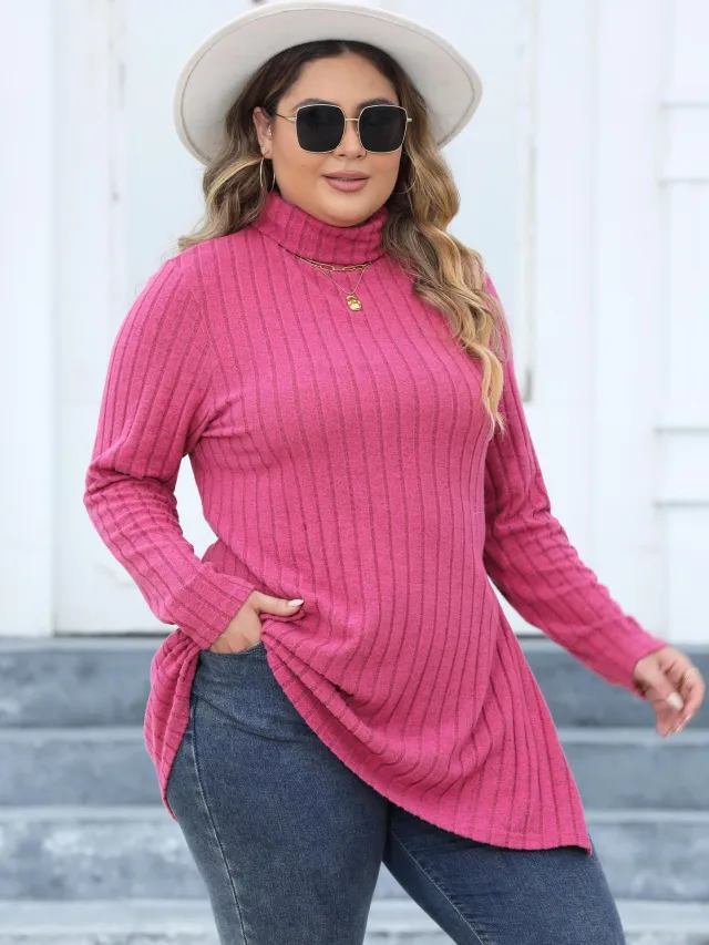 Women's Plus Size Turtleneck Slim Fit Striped Slit Mid length Top Rose Red - Shop at LoveMi