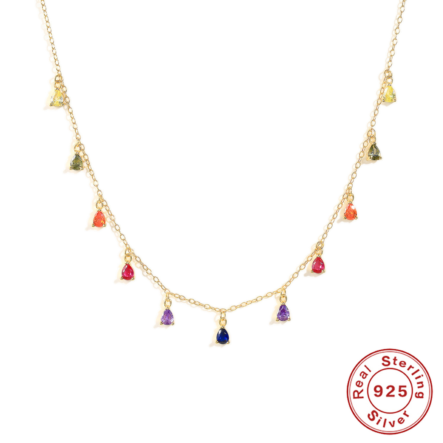 S925 Sterling Silver Colorful Crystals Colorful Water Drop Necklace