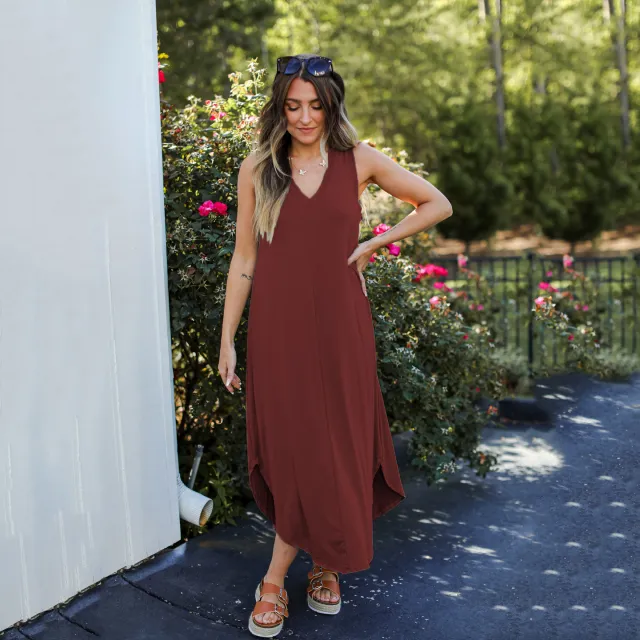 Solid Color Casual V neck Sleeveless Swing Long Dress Wine Red - Shop at LoveMi