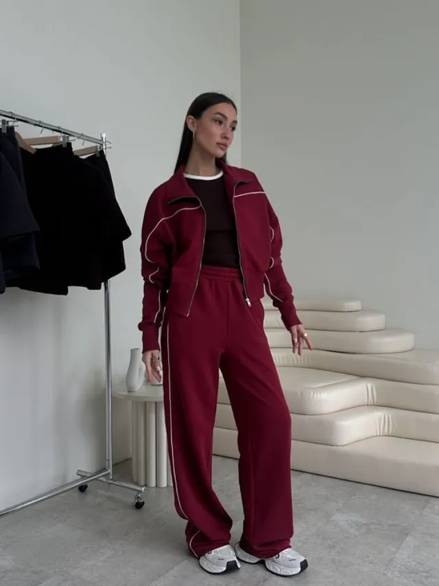Long Sleeve Zipper Sweater Coat Striped Trousers With An Elasticated Waist Casual Suit Wine - Shop at LoveMi