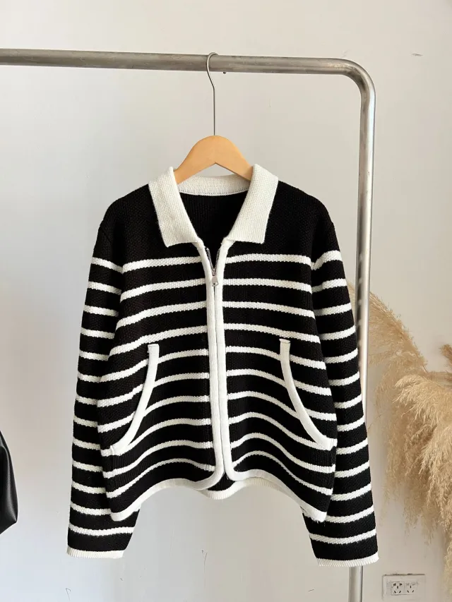 Contrast Color Striped Lapel Knitted Cardigan Autumn And Winter Slimming Sweater Coat Black - Shop at LoveMi