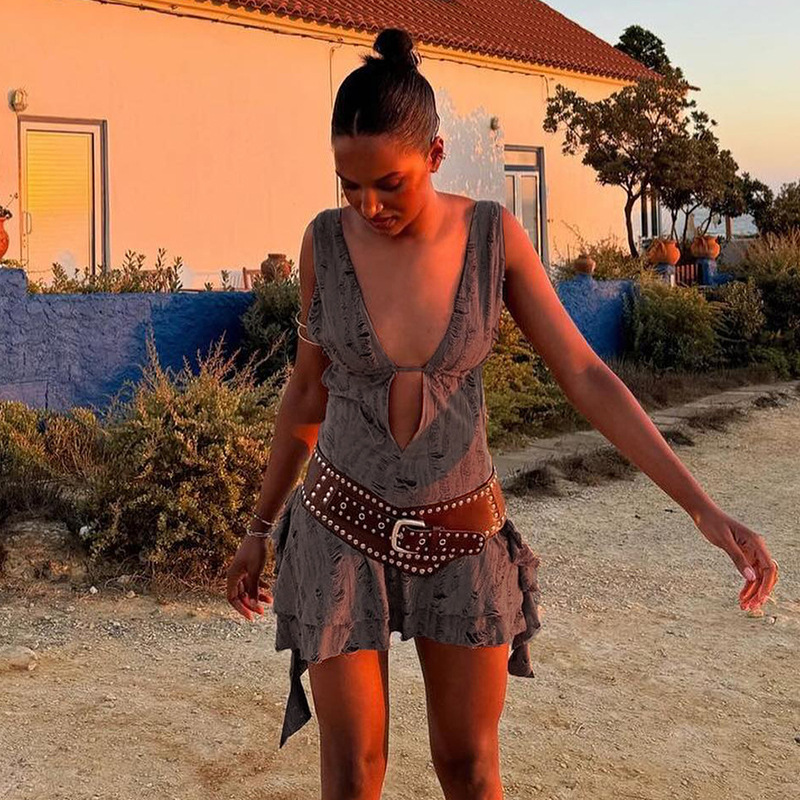 Deep V Halter Backless Ripped Old Waste Soil Wind Irregular Dress