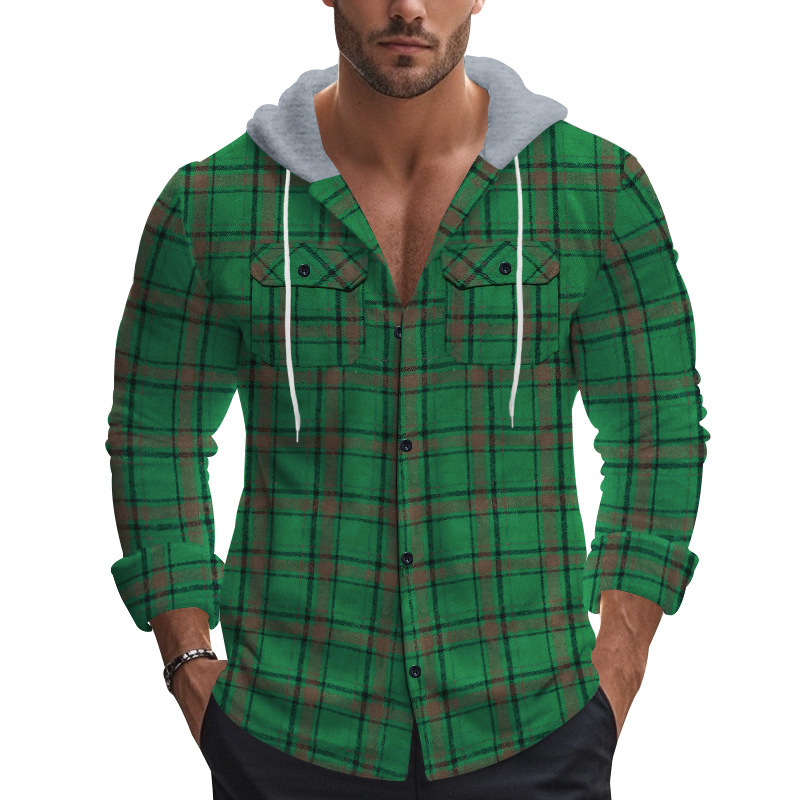 Men Flap Pocket Drawstring Hooded Plaid Shirt