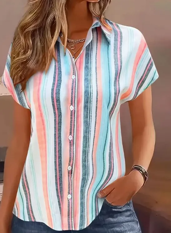 Striped Print Button Front Short Sleeved Shirt 1A Xxxl - Shop at LoveMi