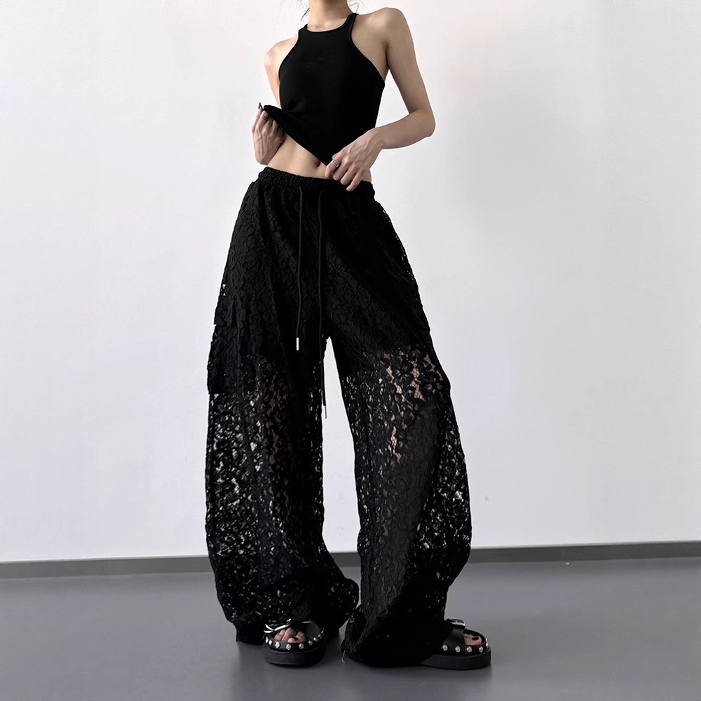 Womens Versatile Patchwork Hollow-out Lace Straight-leg Wide-leg Pants