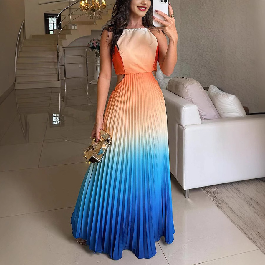 New European And American Sleeveless Pleated Backless Gradient Color Dress Orange Red - Shop at LoveMi