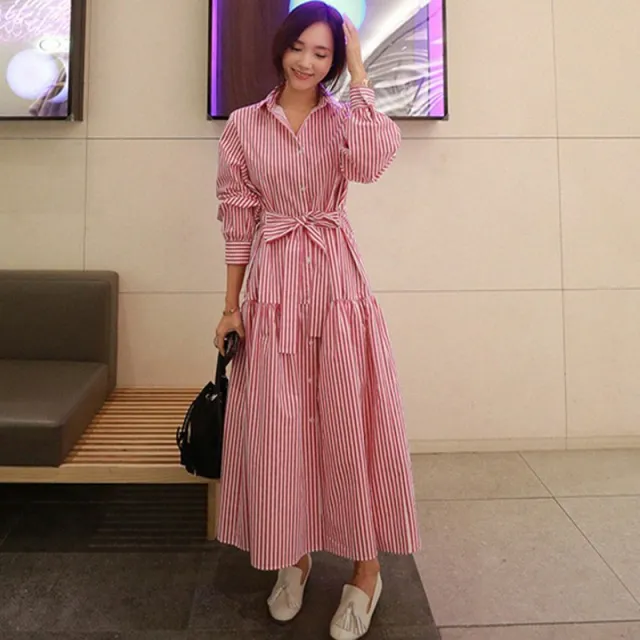 Spring And Summer New Striped Shirt Dress Women Loose Versatile Skirt Red Stripes - Shop at LoveMi