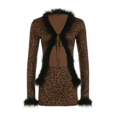 Leopard Print Stud For Autumn And Winter Printed Fur Collar Stitching Long Sleeve Lace-up Cardigan High Waist Package Hip Skirt - Leopard - View 1