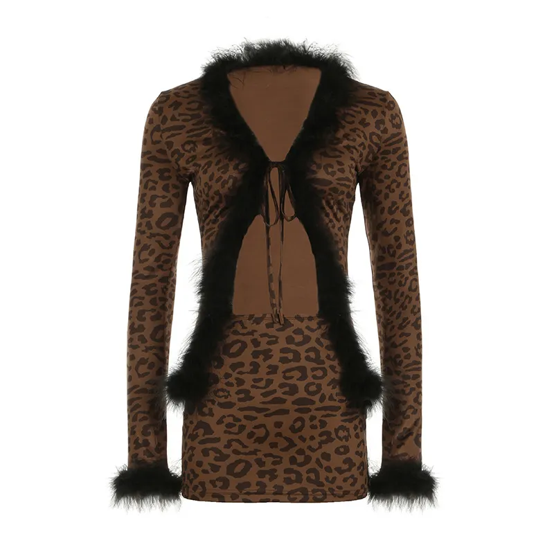 Leopard Print Stud For Autumn And Winter Printed Fur Collar Stitching Long Sleeve Lace-up Cardigan High Waist Package Hip Skirt - Leopard