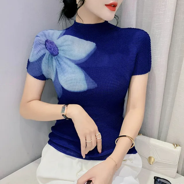 3D Printed Summer Fashion Large Flower Slimming Short sleeved T shirt Blue - Shop at LoveMi
