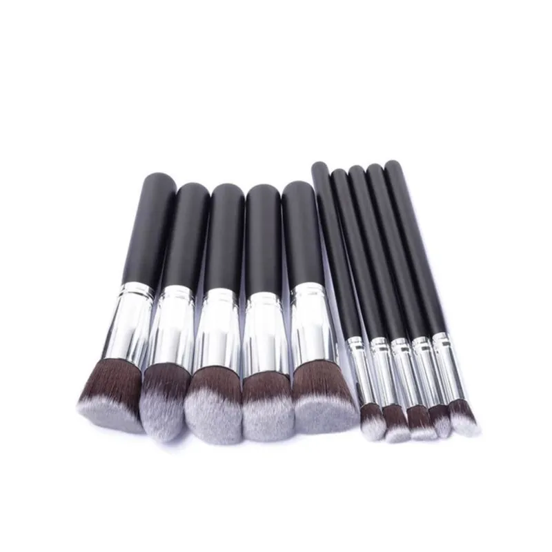 Makeup Brush Suit Portable Models Wooden Handle Beauty Tools - 10 Pieces Silver Tube Black