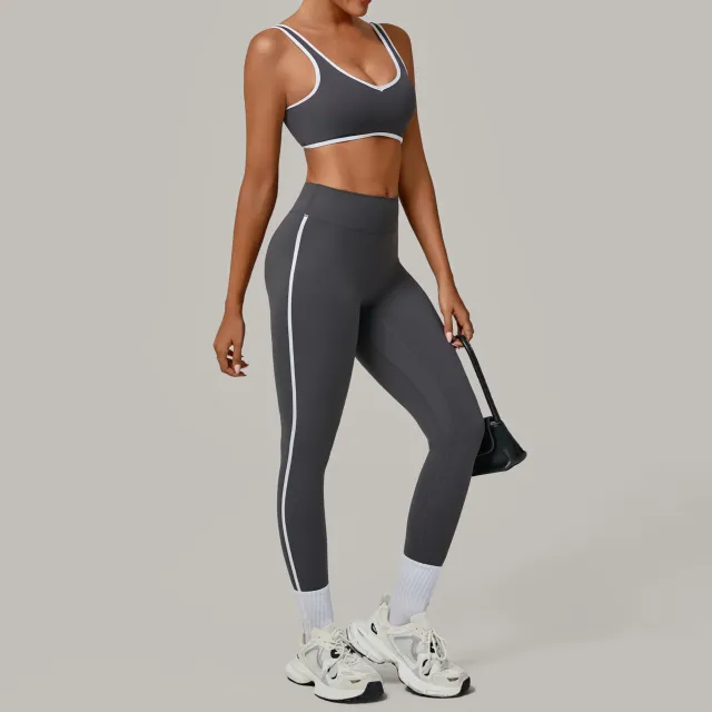 Contrast Color Binding Nude Feel Yoga Beauty Back Tight Quick drying Workout Clothes Outdoor Sports Suit Carbon Gray - Shop at LoveMi