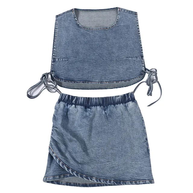 Denim Style Vest Short Skirt Stretch Two piece Suit Sexy Denim Women's Wear Light Blue - Shop at LoveMi