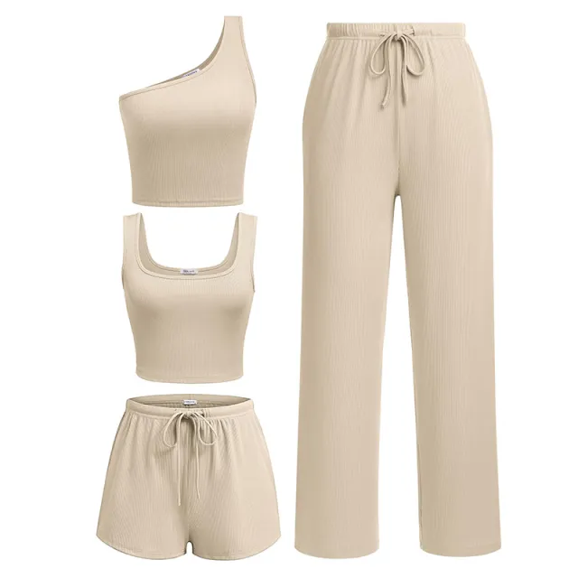 European And American Sports Vest Shorts Yoga Slim Fit Fashion Short Breathable Four piece Set Apricot - Shop at LoveMi