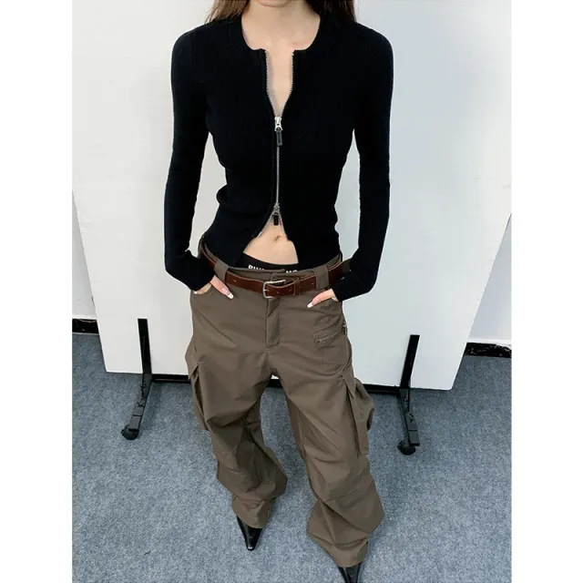 Women's Simple All match Double Zipper Sunken Stripe Slim Sweater Top Black - Shop at LoveMi