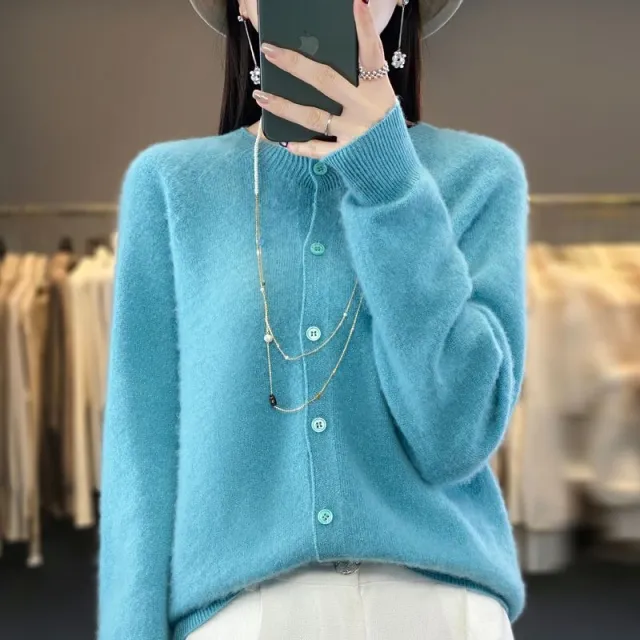 Fashion Merino Wool Cardigan Sweater Women O Neck Long sleeve Cashmere Knitwear Spring Autumn Female Clothing Tops Lake Blue - Shop at LoveMi