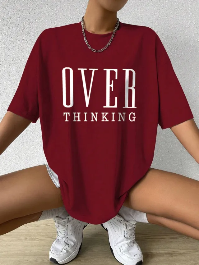 Over Thinking Letter Print Women Cotton Short Sleeve Breatha Winered - Shop at LoveMi