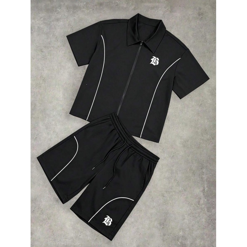 Striped Zip-front Short-sleeve Shirt And Shorts Set LS Zipper Shirt Outfit 5 S