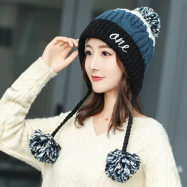 Winter Hat Women's Fleece lined Warm Wool Hat Korean Style Colorblock All matching Hat Black - Shop at LoveMi