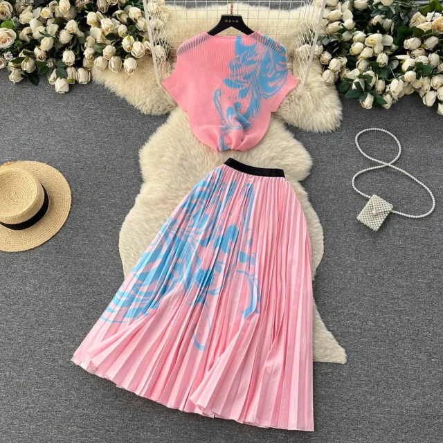 Stretch Short sleeved Top High Waist Pleated Skirt Two piece Set Pattern 7 - Shop at LoveMi