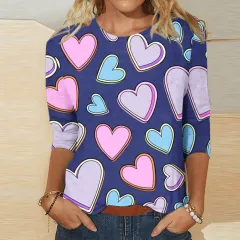 Valentine's Day Female With Hearts Printing Crew Neck T-shirt Top - Rq4127504-M - View 1