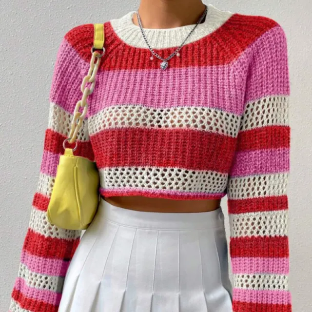 Contrast Color Striped All matching Pullover Women's Sweater Rose Red Stripes - Shop at LoveMi