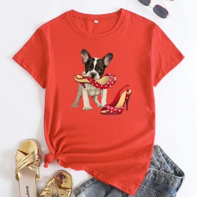 Loose And Cute Dog Print Pure Cotton Round Neck Short Sleeves Orange - Shop at LoveMi