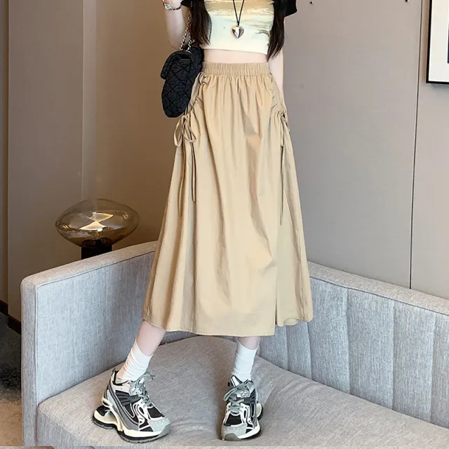 Elastic Waist Pure Color Tied Drawstring Pocket Large Swing Skirt Mid length French Cotton Suit Skirt Khaki - Shop at LoveMi