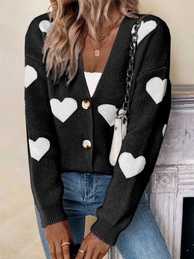 Sweater Women's Long sleeved Cardigan Valentine's Day Love Pattern Sweater Black - Shop at LoveMi