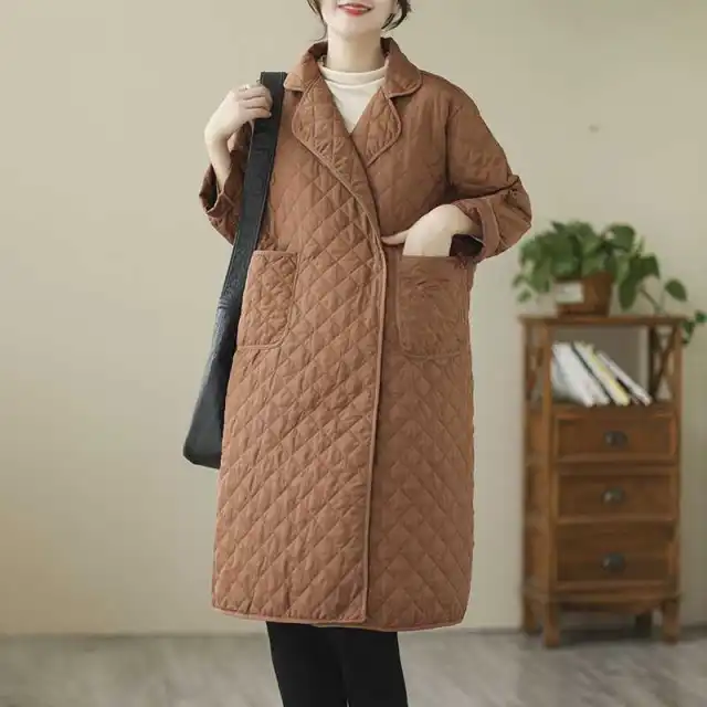 Artistic Retro Diamond Lattice Cotton padded Clothes Mid length Coat And Trench Coat Brown - Shop at LoveMi