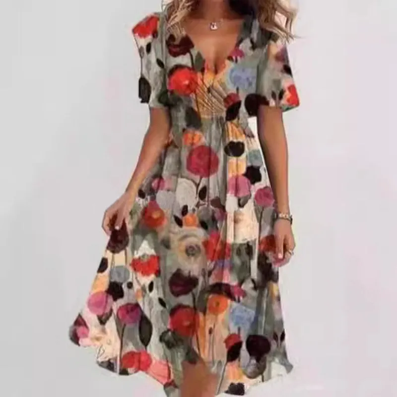 Flowers Printed V-neck Dress Summer A-line Short-sleeved Dresses For Women - Color 4-L