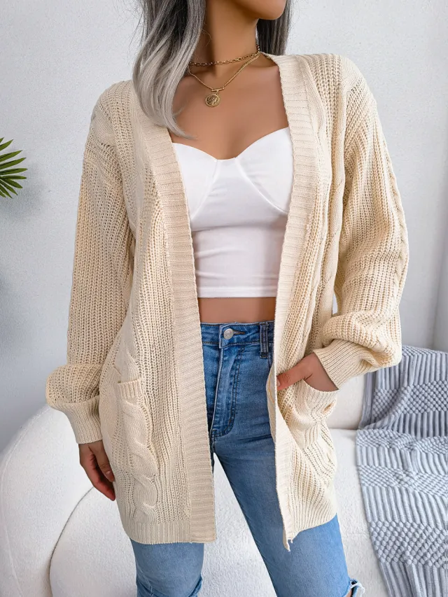 Twist Lantern Sleeve Casual Pocket Cardigan Sweater Coat Apricot - Shop at LoveMi