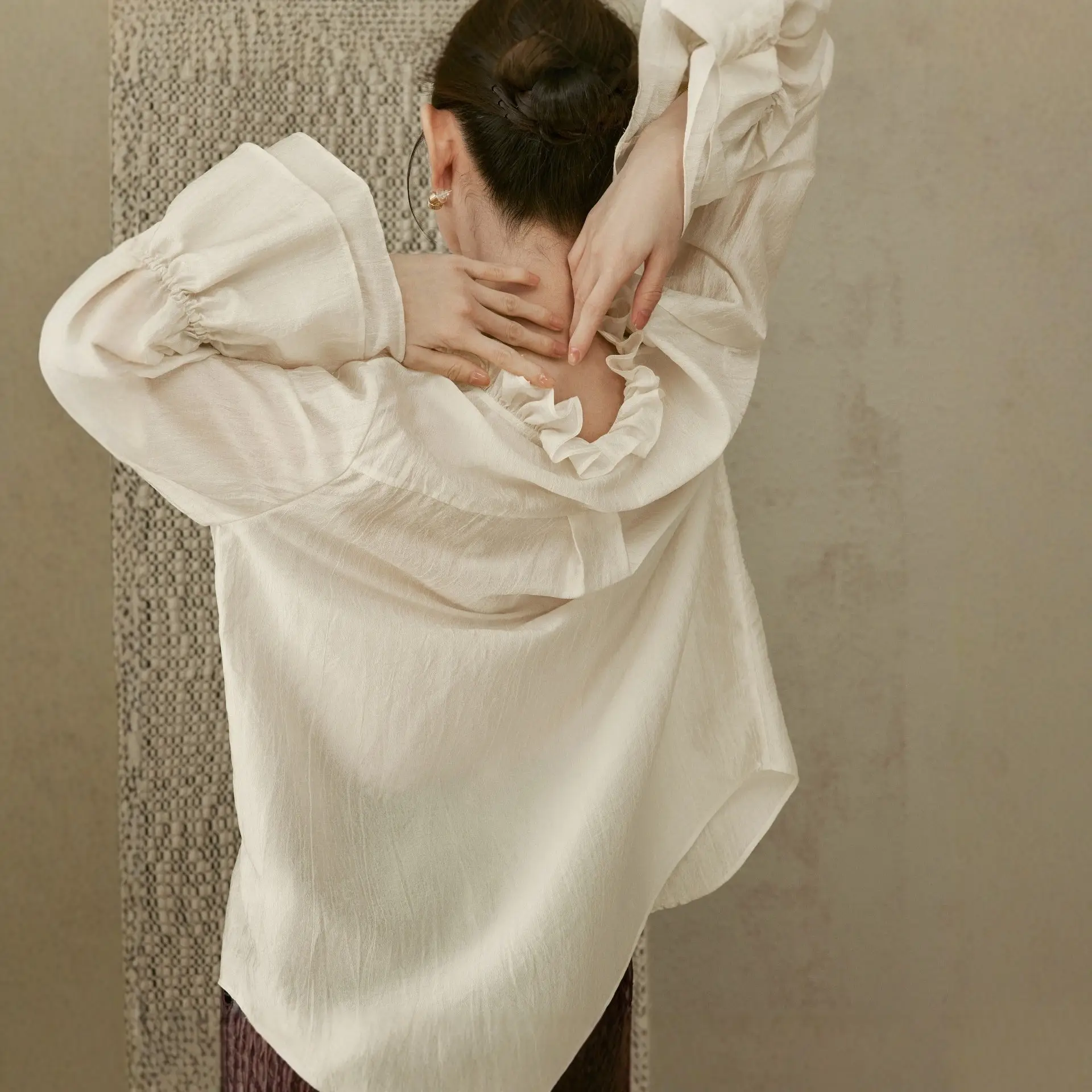 Satin Ruffled-edge Sweetheart-neck Lightweight Sheer Blouse