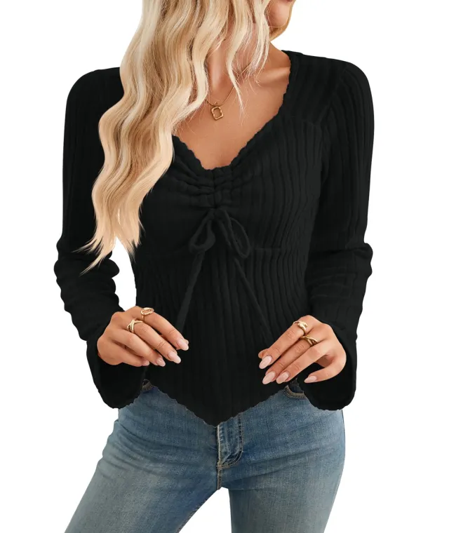 Women's Pleating Long sleeved Top Black - Shop at LoveMi