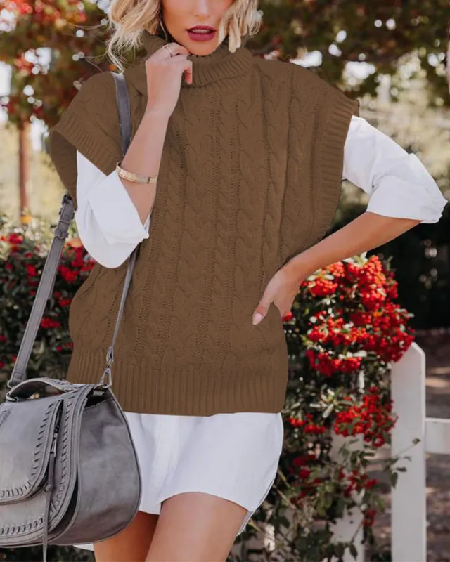 Woven Loose Pullover Turtleneck Sweater Women Brown - Shop at LoveMi