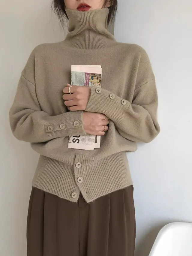 Design High Waist Button Retro Lazy Style Wear Sweater Khaki - Shop at LoveMi