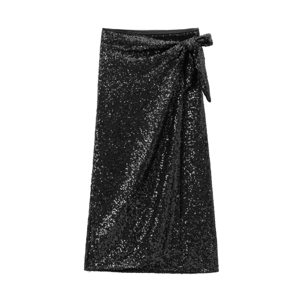 Women's Sequined Turtleneck Top Sequined Stomach Blanket Skirt - Black