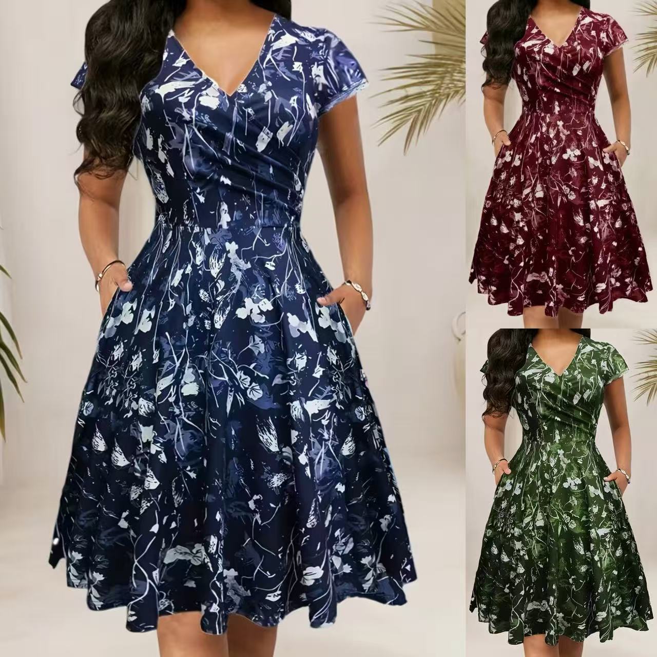 Womens Floral Waist Cinched Short Sleeve V Neck Dress