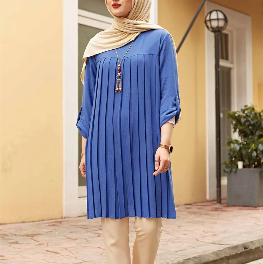 Muslim Women's Wear Casual Pleated Loose Long Sleeve Round Neck Plus Size Top - Sapphire Blue