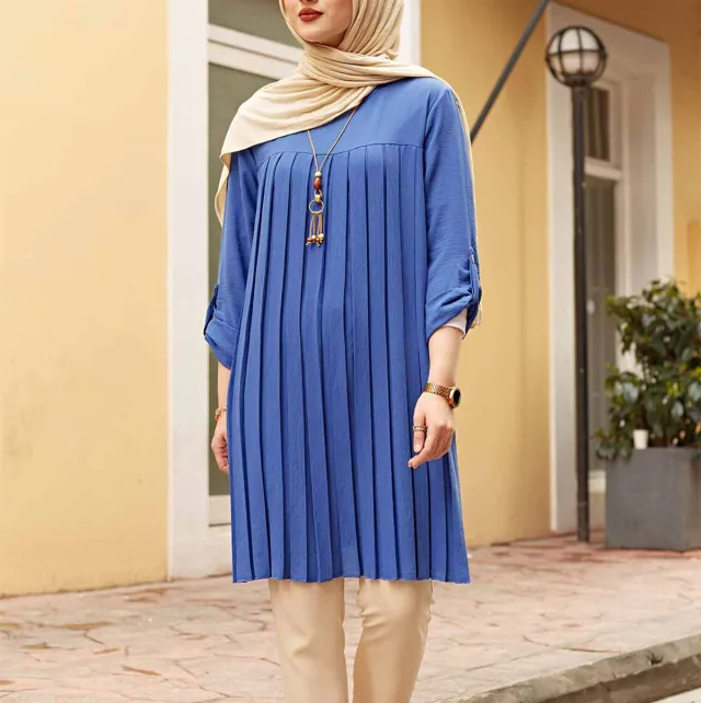 Muslim Women's Wear Casual Pleated Loose Long Sleeve Round Neck Plus Size Top Sapphire Blue - Shop at LoveMi
