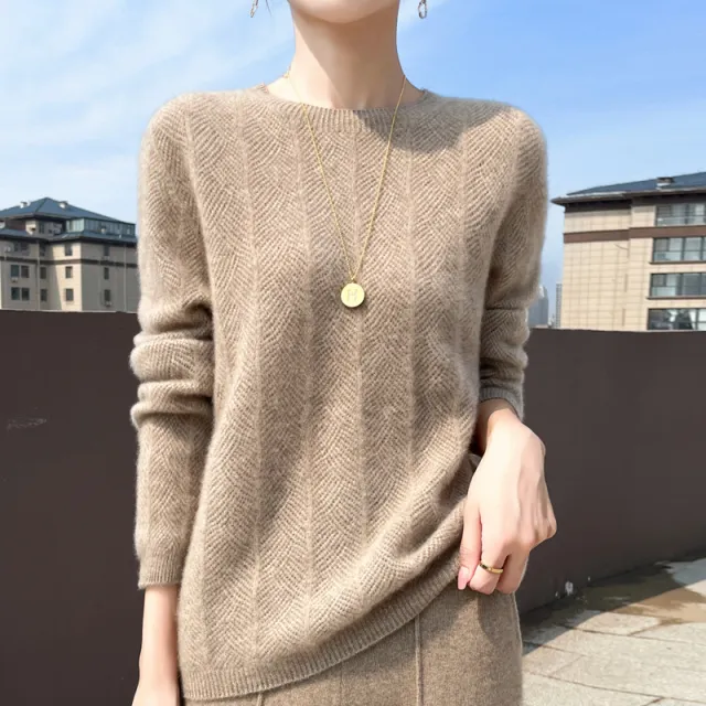 Pure Wool Round Neck Sweater Women's Hollow Top Camel - Shop at LoveMi