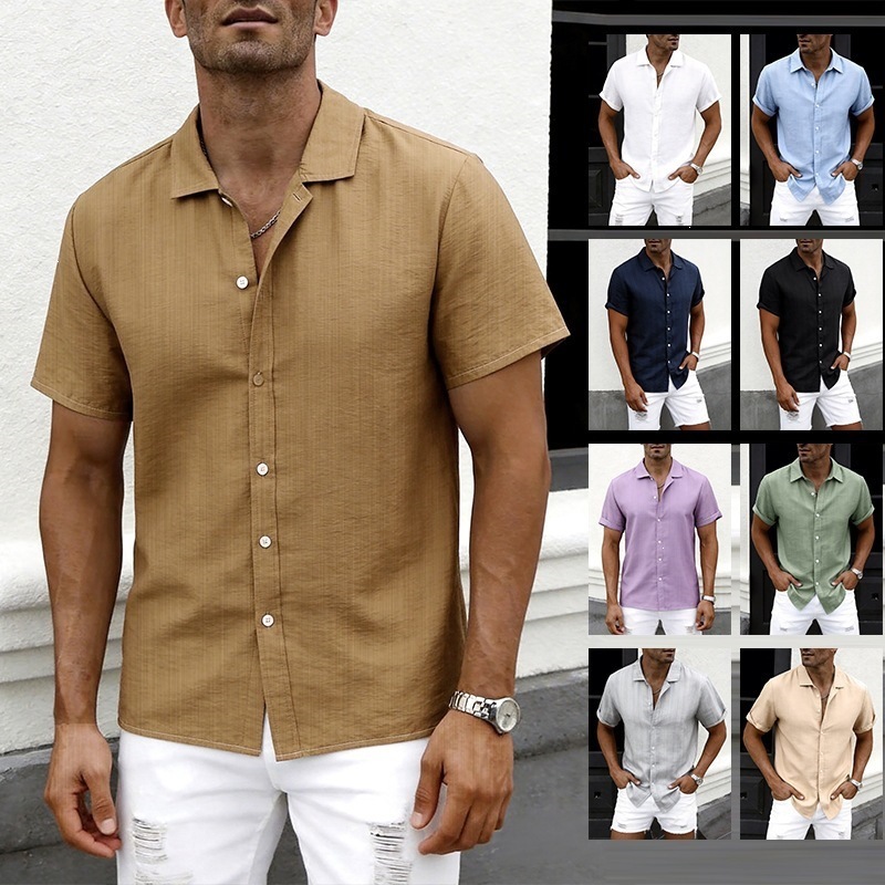 Mens Solid-Color Short-Sleeve Lapel Shirt Top