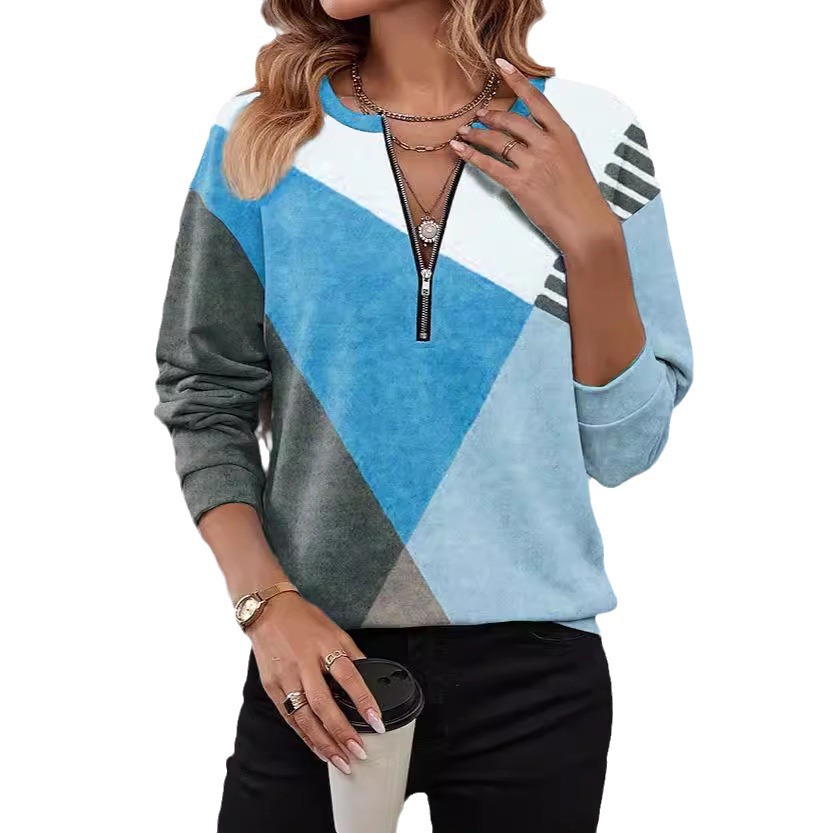 Autumn Winter Assorted Colors Loose Zip Long Sleeve V-neck Sweatshirt - Image 6