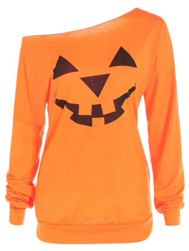 Pumpkin Floral Print Long Sleeve Pullover T shirt Top Yellow - Shop at LoveMi
