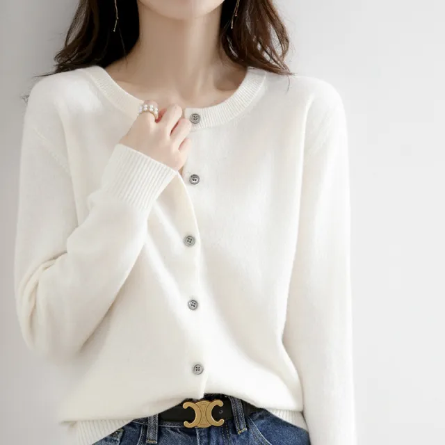 Women's Solid Color Loose Round Neck Knitted Sweater Coat Milky White - Shop at LoveMi