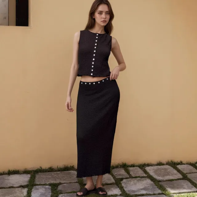Fashion Sleeveless Top Knitted Long Skirt Ladies Suit Black - Shop at LoveMi