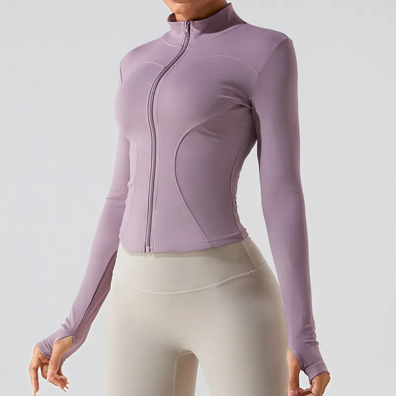 Autumn And Winter Stand Collar Long Sleeve Zipper Cardigan Slimming Sports Workout Clothes Top - Pink