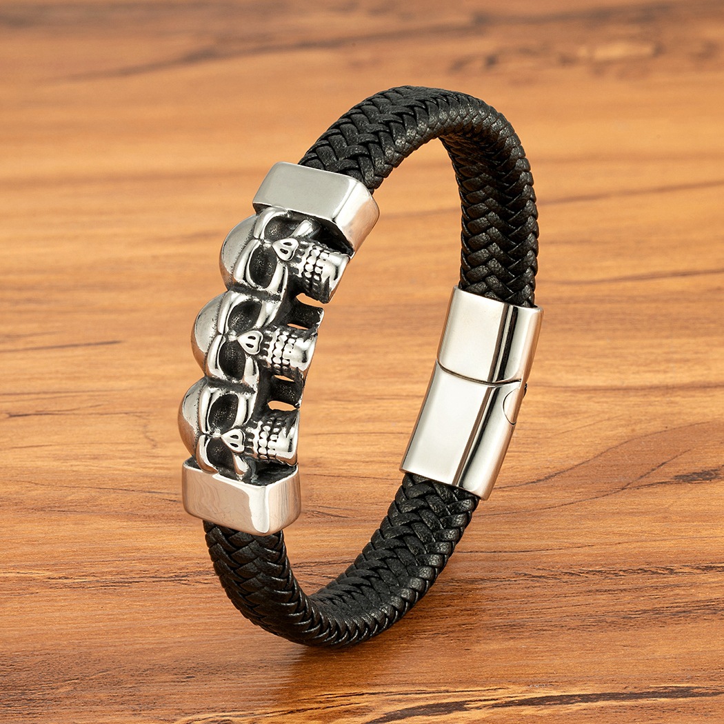 Heavy-duty Vintage Skull Braided Leather Bracelet
