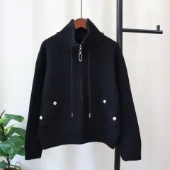 Loose Versatile Zipper Knitted Double-faced Woolen Goods Solid Colour Coat For Women - Black - View 1