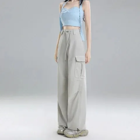 Straight Cargo Jeans Women's Multi pocket Wide leg Pants Apricot Gray - Shop at LoveMi